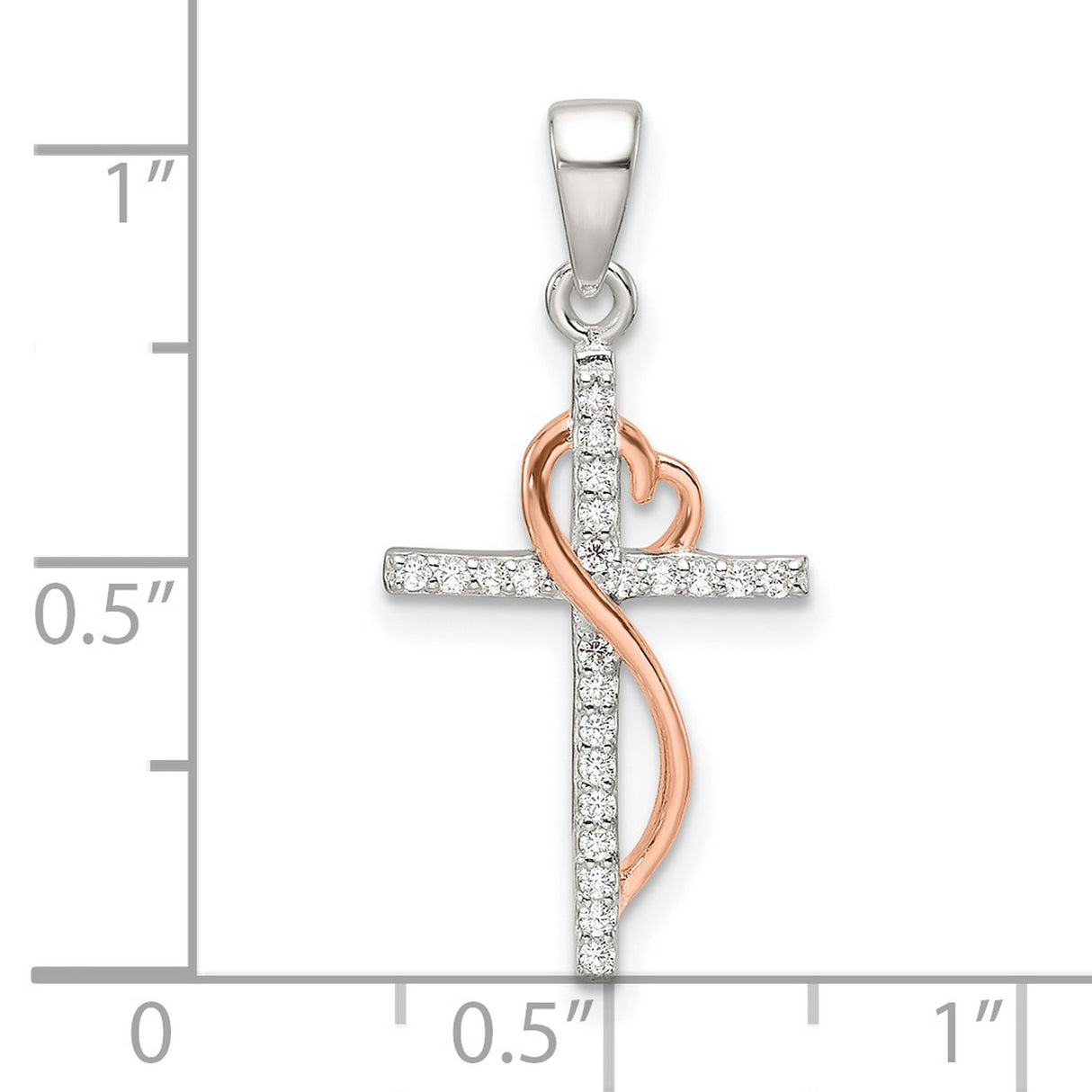 Sterling Silver Cross Pendant with Cubic Zirconia and Rose Gold Heart Accent, Dual Tone Design