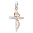 Sterling Silver Cross Pendant with Cubic Zirconia and Rose Gold Heart Accent, Dual Tone Design