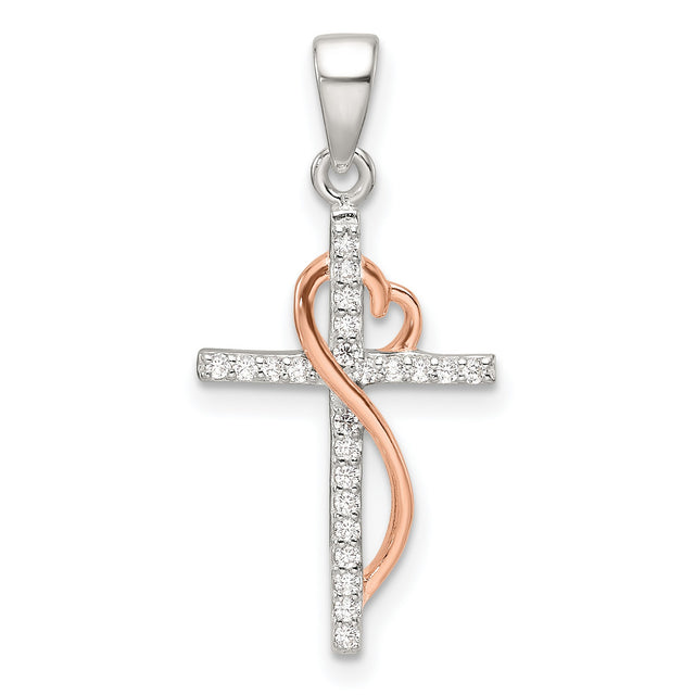 Sterling Silver Cross Pendant with Cubic Zirconia and Rose Gold Heart Accent, Dual Tone Design