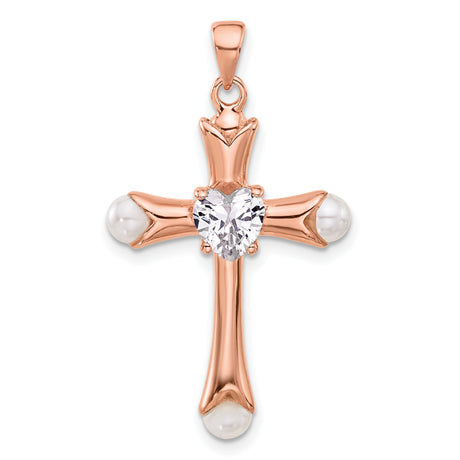 Sterling Silver Cross Pendant with Cubic Zirconia and Synthetic Pearl, Vintage Religious Style