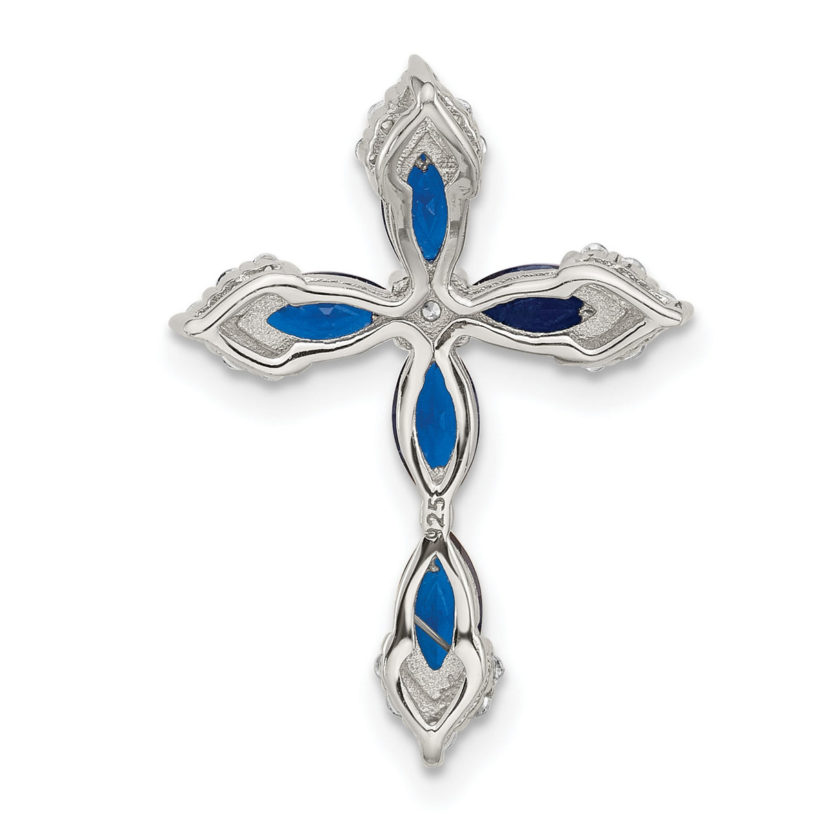 Sterling Silver Cross Pendant with Cubic Zirconia and Simulated Blue Spinel, Spiritual Design