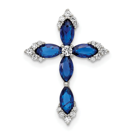 Sterling Silver Cross Pendant with Cubic Zirconia and Simulated Blue Spinel, Spiritual Design