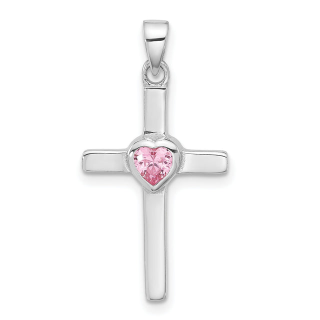 Sterling Silver Cross Pendant with Cubic Zirconia Heart Detail, Polished Finish, Faith Style