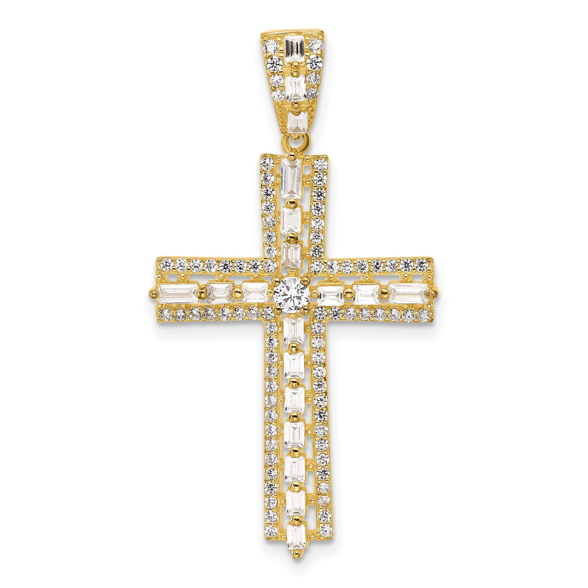 Sterling Silver Cross Pendant with Cubic Zirconia, Baguette Stones, Faith Design