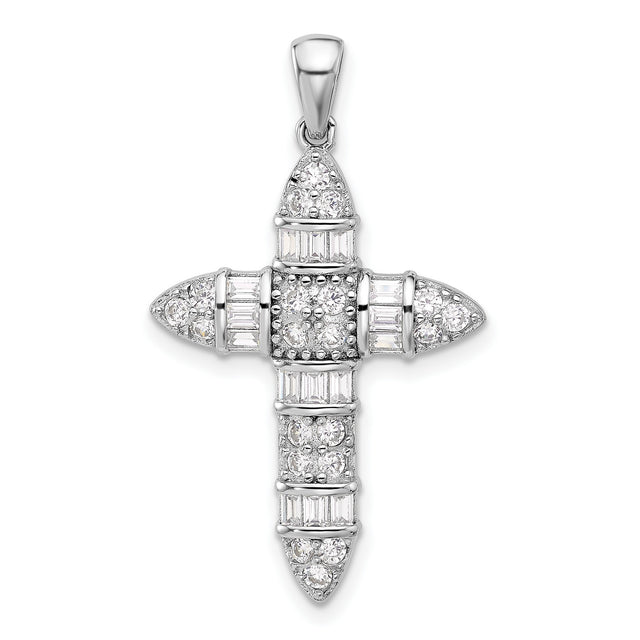 Sterling Silver Cross Pendant with Cubic Zirconia, Bold Vertical Religious Design, Unisex