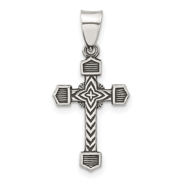 Sterling Silver Textured Budded Cross Pendant with Oxidized Finish, Byzantine Style, Christian Design