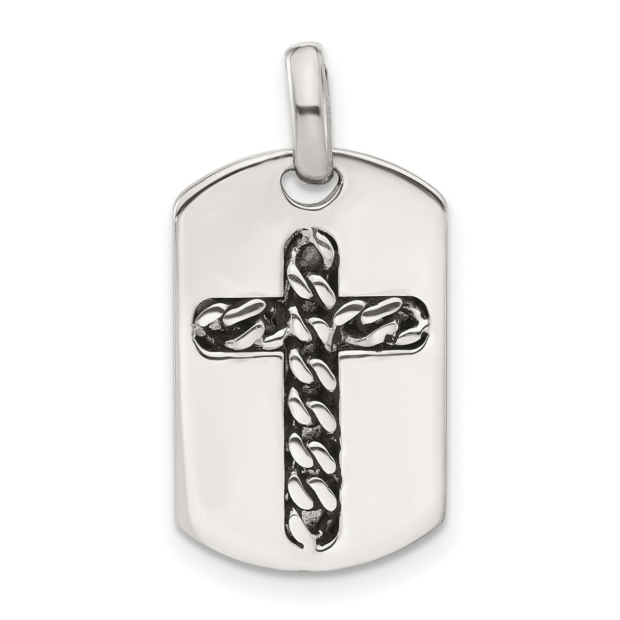 Sterling Silver Cross Pendant Dog Tag with Curb Chain Inlay and Textured Design
