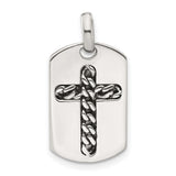 Sterling Silver Cross Pendant Dog Tag with Curb Chain Inlay and Textured Design