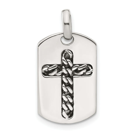 Sterling Silver Cross Pendant Dog Tag with Curb Chain Inlay and Textured Design