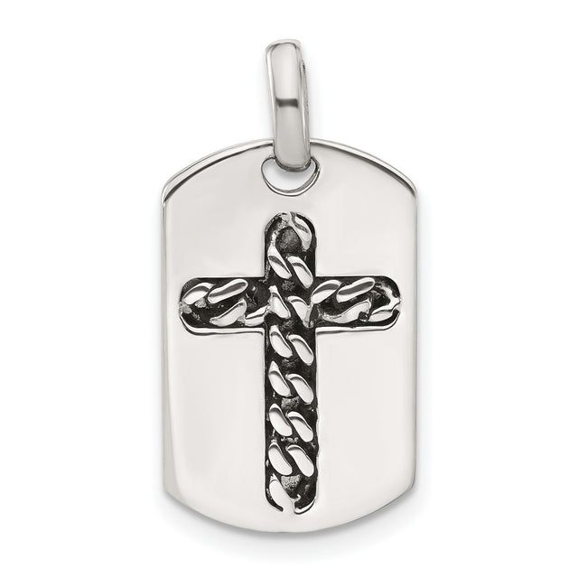 Sterling Silver Cross Pendant Dog Tag with Curb Chain Inlay and Textured Design