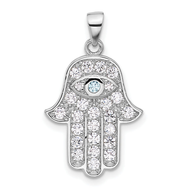 Sterling Silver Hamsa Hand Pendant with Cubic Zirconia and Evil Eye Symbol