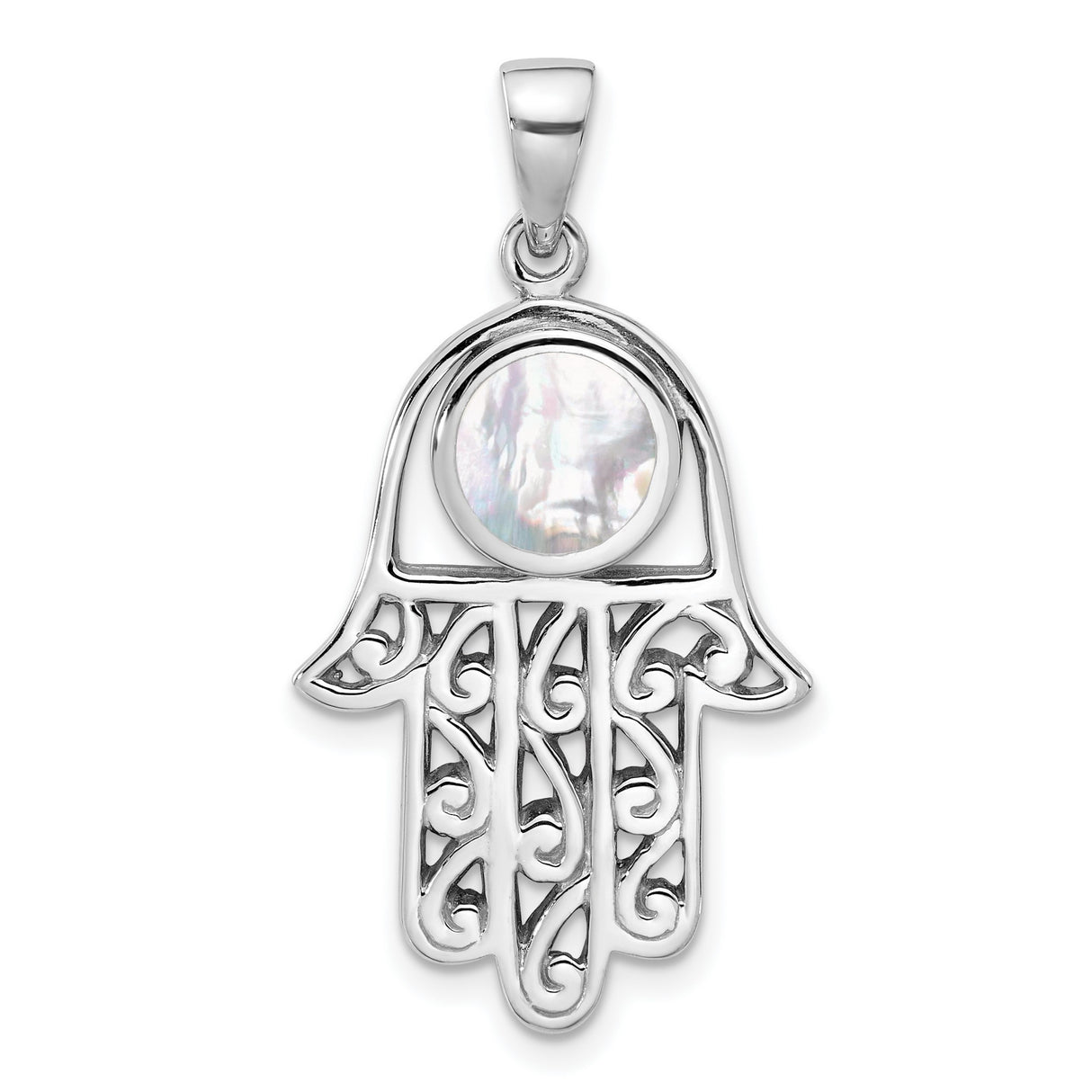 Sterling Silver Hamsa Hand Pendant with Mother of Pearl Inlay, Filigree Design, Evil Eye Amulet