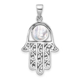 Sterling Silver Hamsa Hand Pendant with Mother of Pearl Inlay, Filigree Design, Evil Eye Amulet