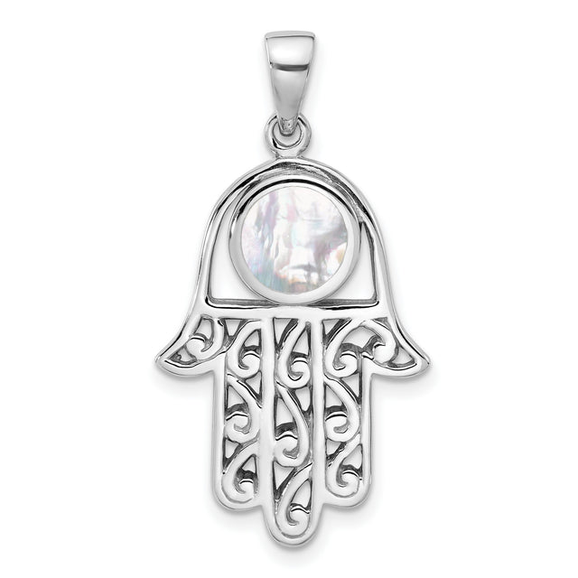 Sterling Silver Hamsa Hand Pendant with Mother of Pearl Inlay, Filigree Design, Evil Eye Amulet