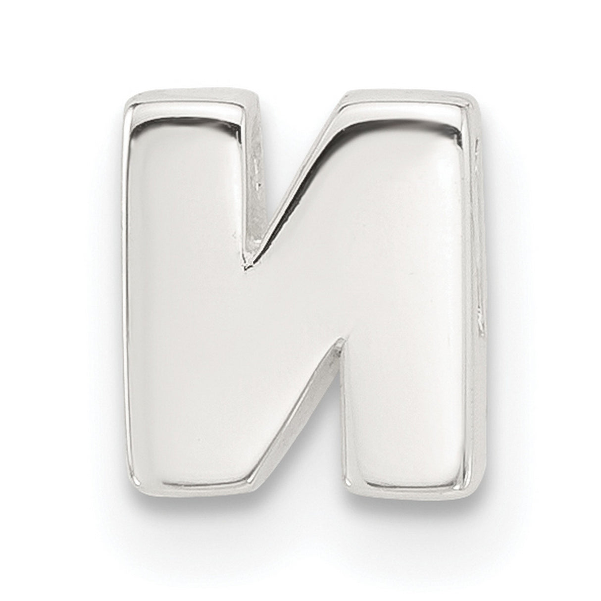 Sterling Silver Letter N Pendant Charm, Polished Block Font Initial Jewelry, Unisex Slide Pendant