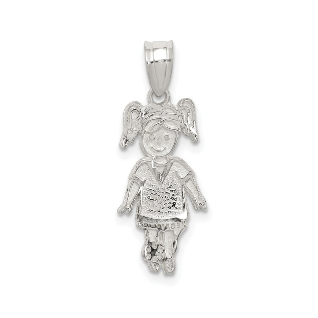 Sterling Silver Girl Pendant with Pigtail Stick Figure Design, Sentimental Family Charm