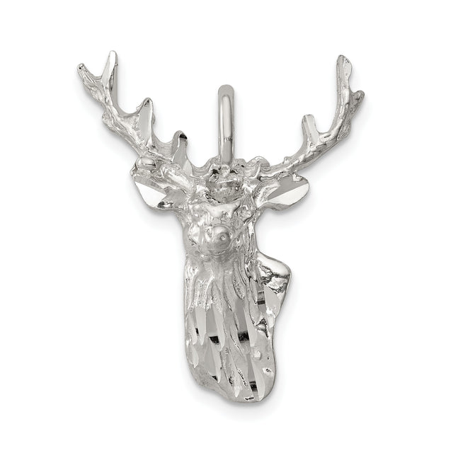 Sterling Silver Elk Head Pendant with Detailed Antlers, Rustic Wildlife Charm for Men or Unisex