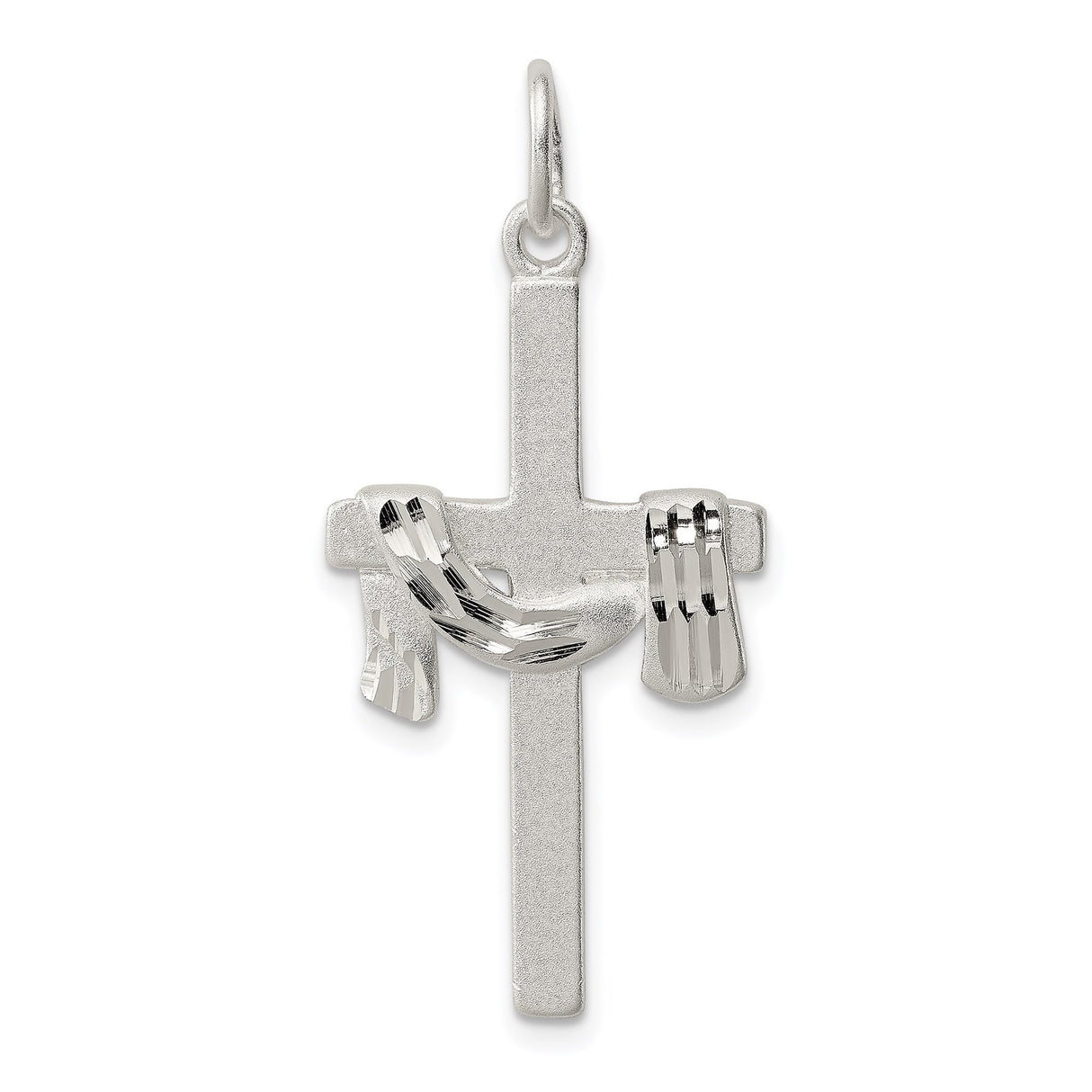 Sterling Silver Cross Pendant with Draped Robe Design, Satin Texture and High Polish Accents