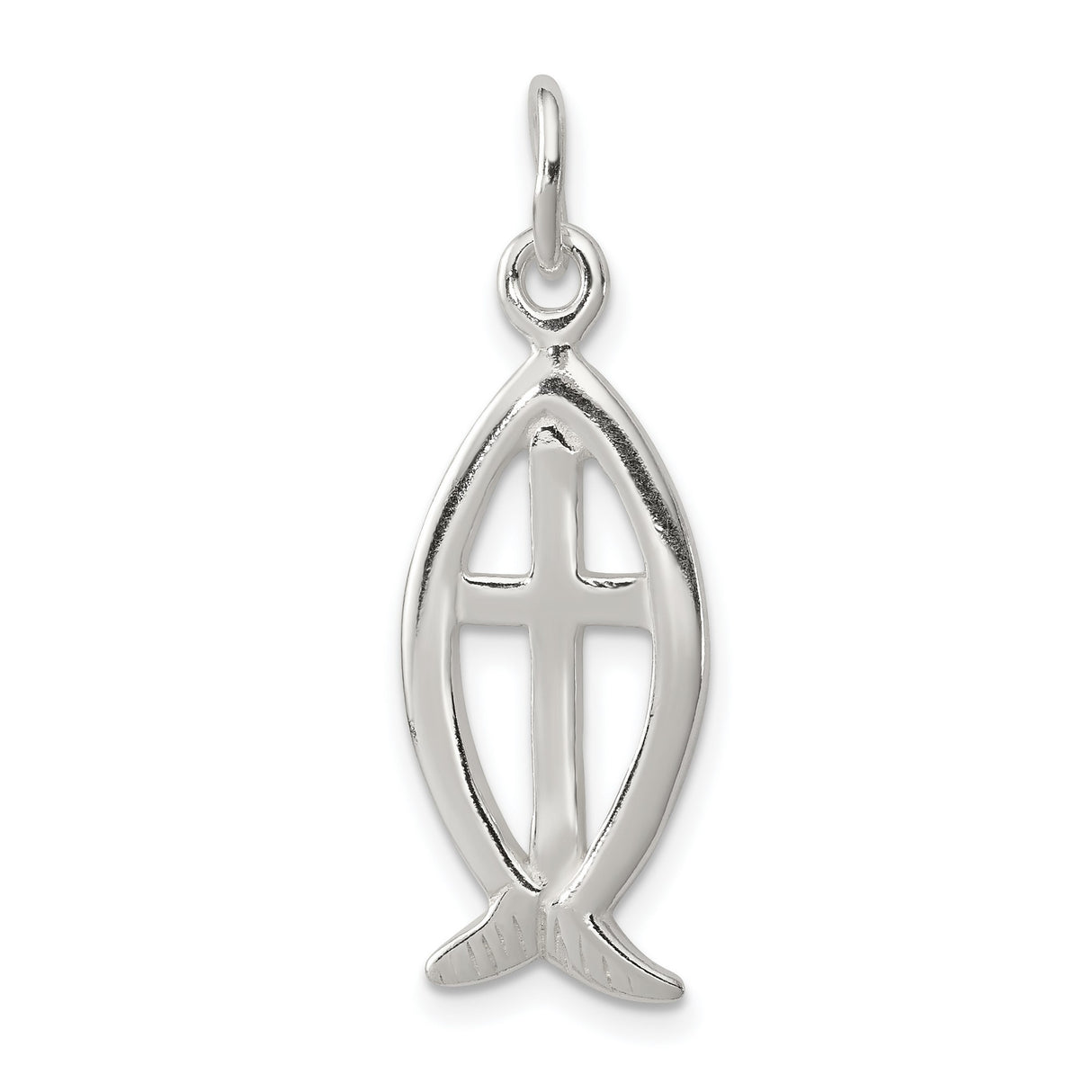 Solid Ichthus Fish With Cross Charm Pendant in Real 925 Sterling Silver