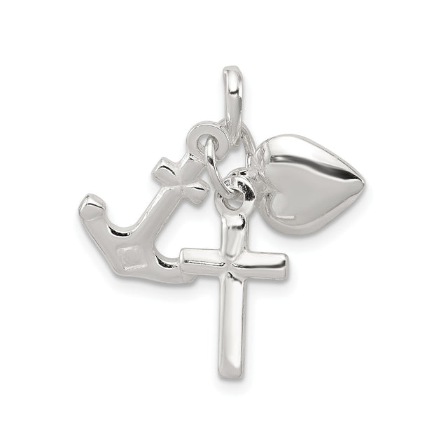Sterling Silver Charm Pendant with Cross, Heart, and Anchor Symbols of Faith, Hope, and Love