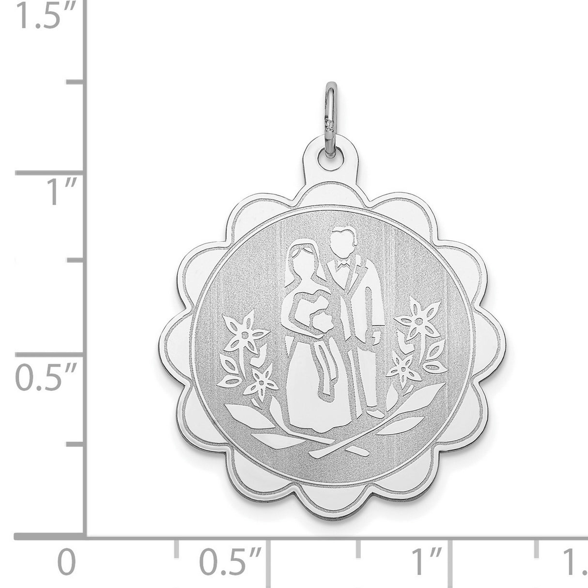 Sterling Silver Wedding Pendant with Bride and Groom Engraving, Scalloped Floral Charm