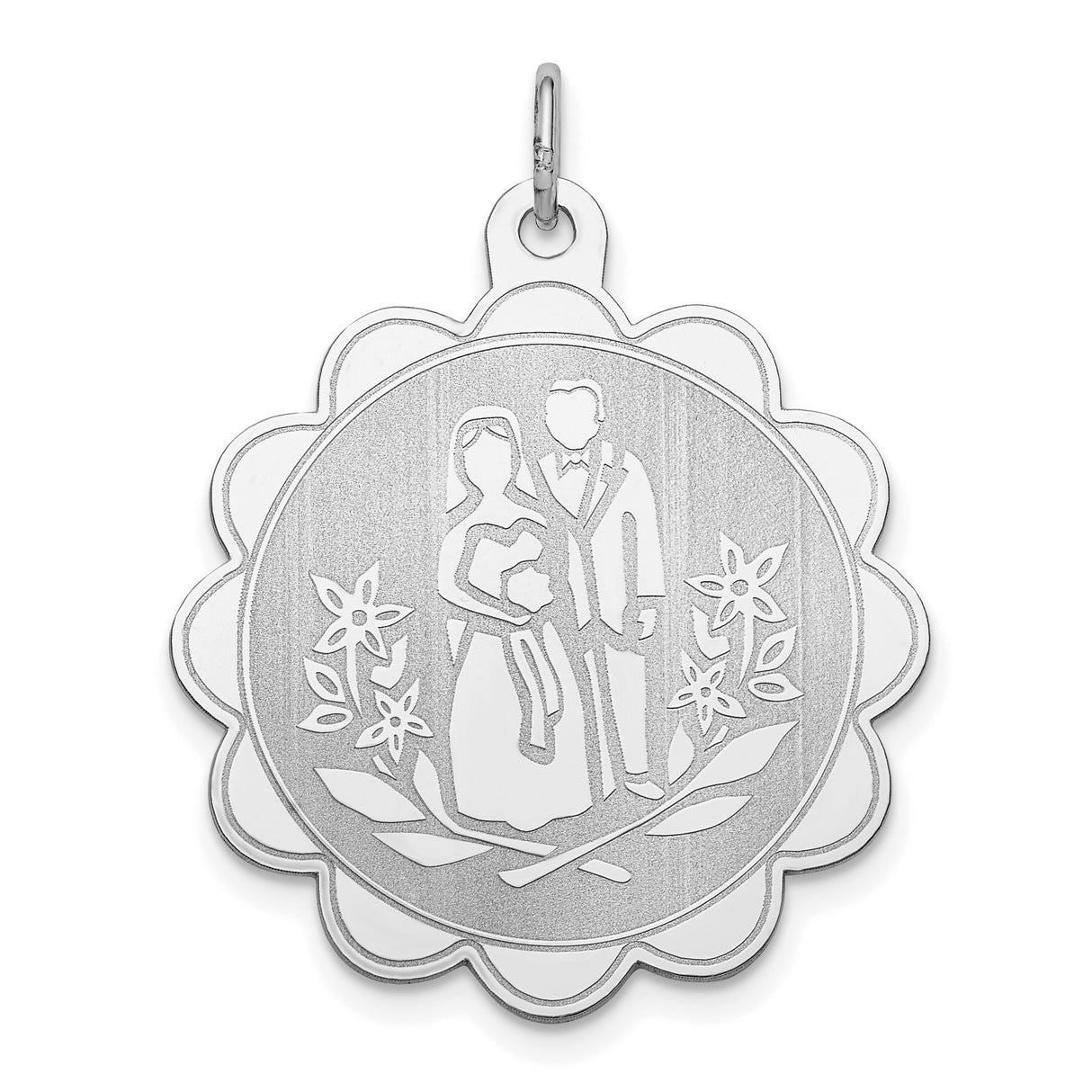 Sterling Silver Wedding Pendant with Bride and Groom Engraving, Scalloped Floral Charm
