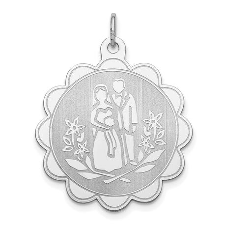 Sterling Silver Wedding Pendant with Bride and Groom Engraving, Scalloped Floral Charm