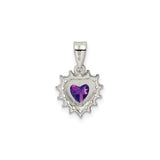 Sterling Silver Heart Pendant with Amethyst and Cubic Zirconia Halo for Women
