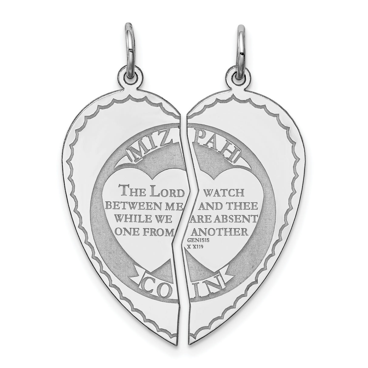 Break Apart Mizpah Coin Emotional Bond Words on Heart Shaped Charm Pendant in Real 925 Sterling Silver