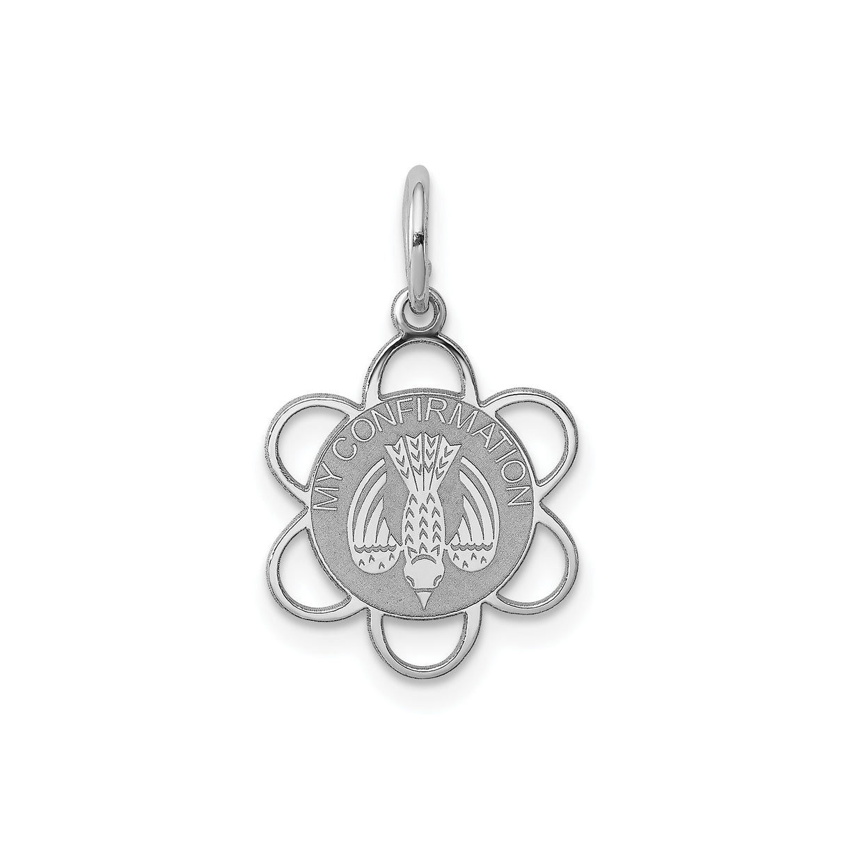 My Confirmation Words and Dove Flower Border Disc Charm Pendant in Real 925 Sterling Silver