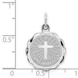Confirmation Word and Latin Cross Faceted Disc Charm Pendant in Real 925 Sterling Silver