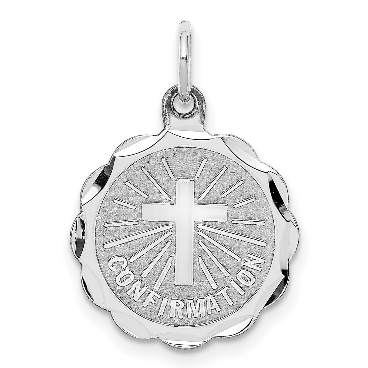 Confirmation Word and Latin Cross Faceted Disc Charm Pendant in Real 925 Sterling Silver