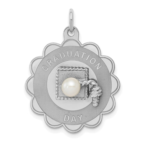 Graduation Day Words with Pearl Tassel on Flower Shaped Charm Pendant in Real 925 Sterling Silver