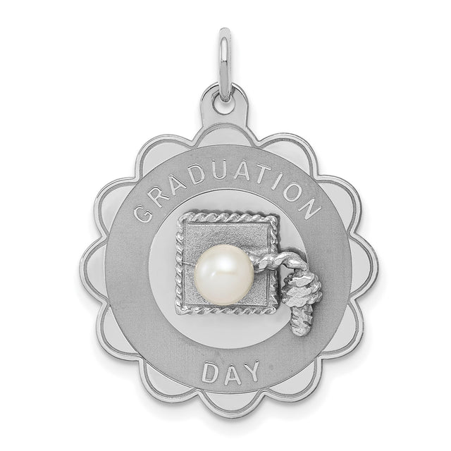 Graduation Day Words with Pearl Tassel on Flower Shaped Charm Pendant in Real 925 Sterling Silver