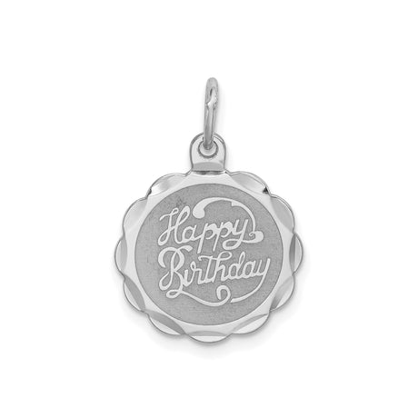 Sterling Silver Happy Birthday Pendant Charm with Scalloped Edge and Script Sentiment