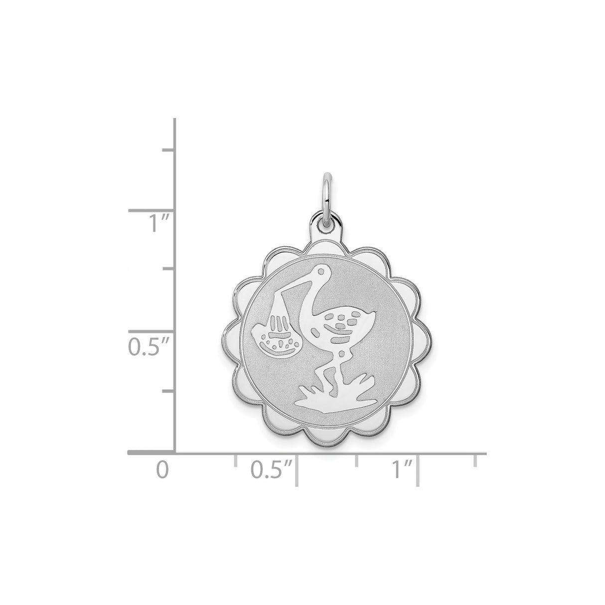 Sterling Silver Stork Pendant with Baby Bundle, Scalloped Round Motherhood Charm
