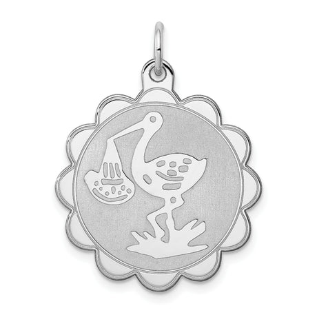 Sterling Silver Stork Pendant with Baby Bundle, Scalloped Round Motherhood Charm