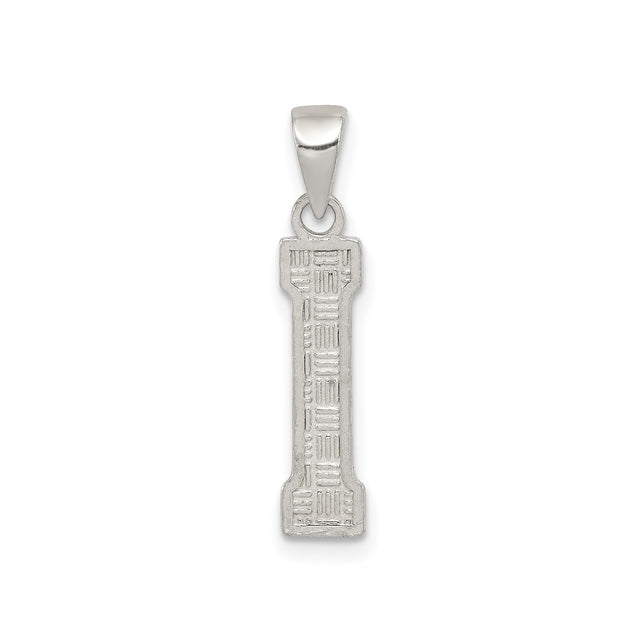 Sterling Silver Initial I Pendant, Block Texture Alphabet Charm, Unisex Monogram Jewelry