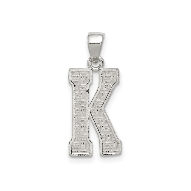 Sterling Silver Letter K Pendant with Textured Detailing, Minimalist Alphabet Charm