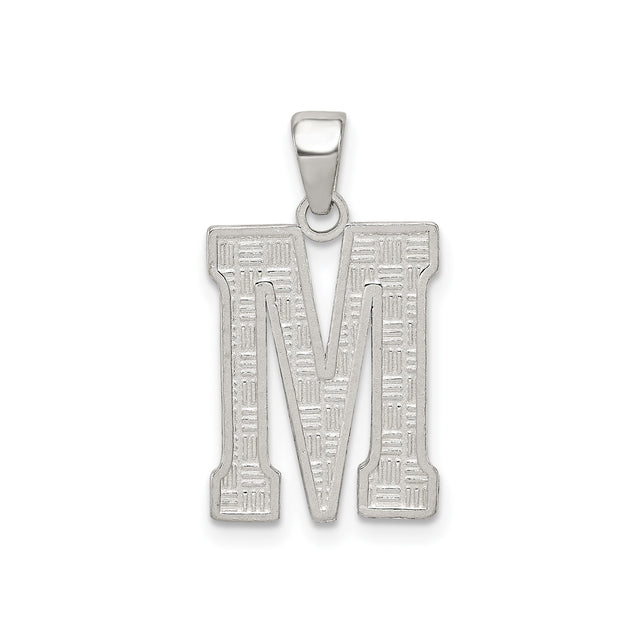 Sterling Silver Letter M Pendant, Textured Block Initial Charm with Patterned Finish
