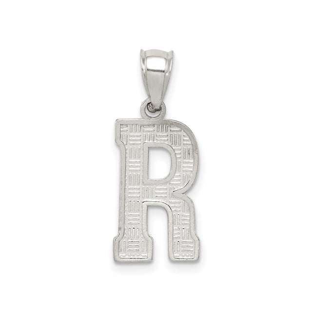 Sterling Silver Letter R Pendant with Textured Basketweave Pattern, Unisex Charm