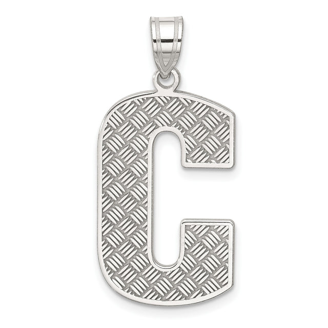 Sterling Silver C Pendant, Diamond-Cut Textured Uppercase Letter Charm for Unisex Wear