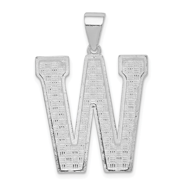 Sterling Silver Letter W Pendant with Basketweave Texture, Unisex Initial Charm