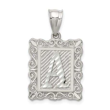 Sterling Silver Alphabet Pendant with Letter A, Striped Background and Scroll Frame
