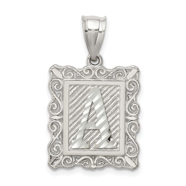 Sterling Silver Alphabet Pendant with Letter A, Striped Background and Scroll Frame
