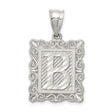 Sterling Silver B Initial Pendant with Textured Frame and Scrollwork Design