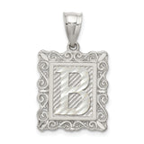 Sterling Silver B Initial Pendant with Textured Frame and Scrollwork Design