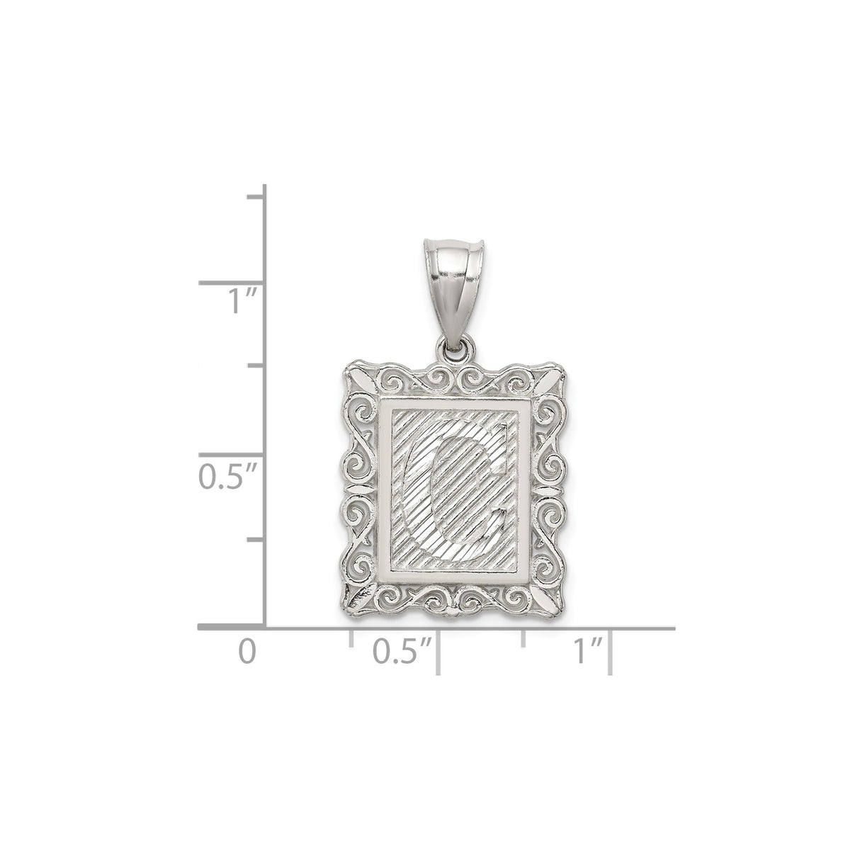 Sterling Silver Rectangle Pendant with Initial C and Scroll Frame Design
