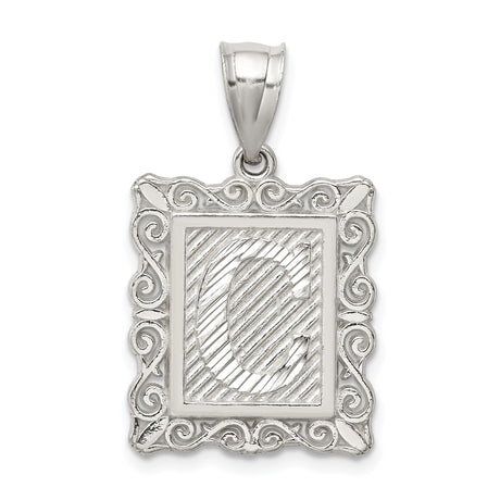 Sterling Silver Rectangle Pendant with Initial C and Scroll Frame Design