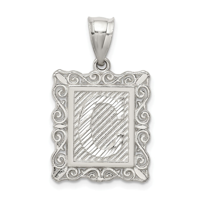Sterling Silver Rectangle Pendant with Initial C and Scroll Frame Design